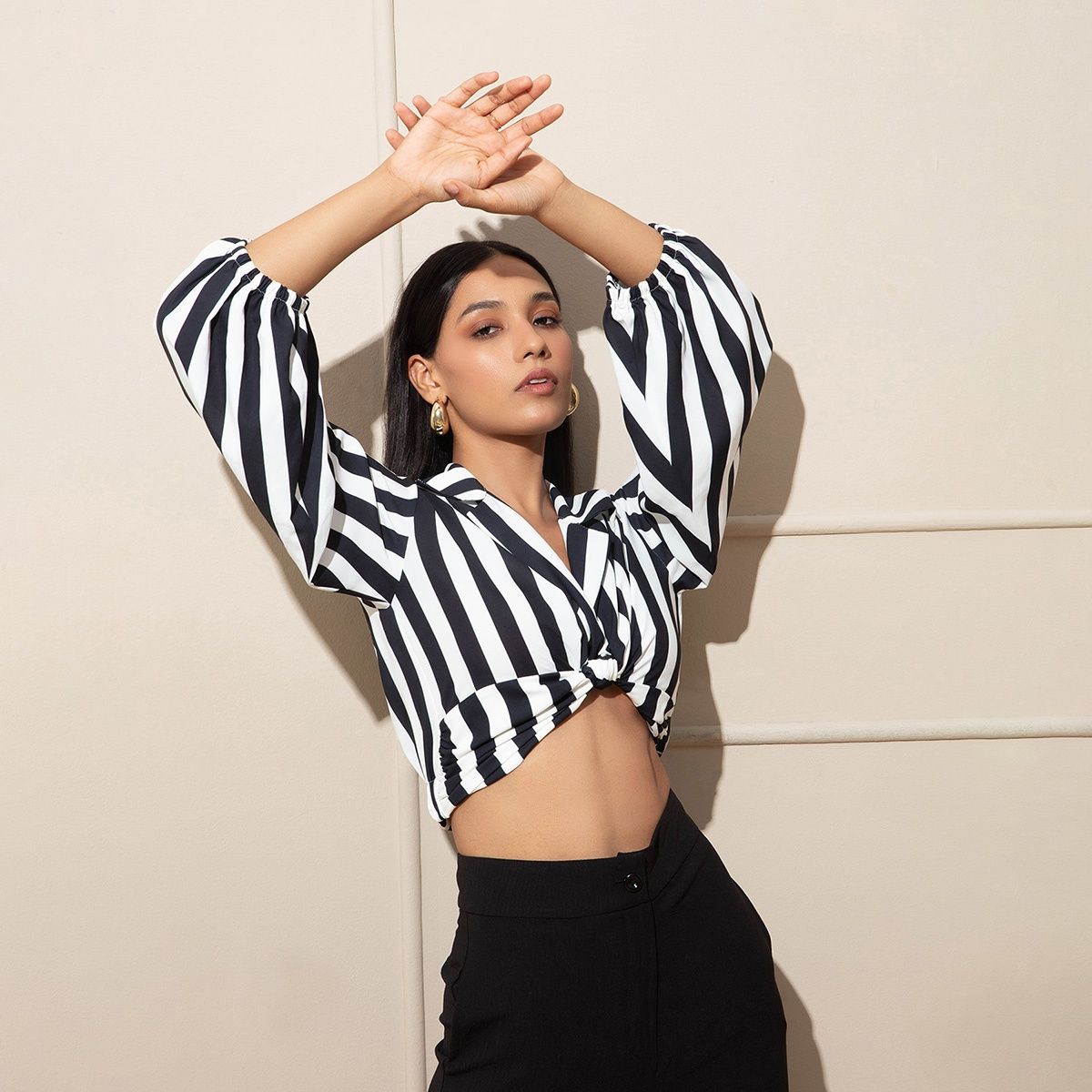 Black and white outlet striped crop top outfit