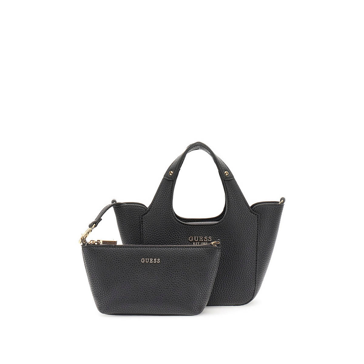 Guess Black Textured Calista 2 In 1 Mini Handbag and Pouch with Detachable Strap (Set of 2)