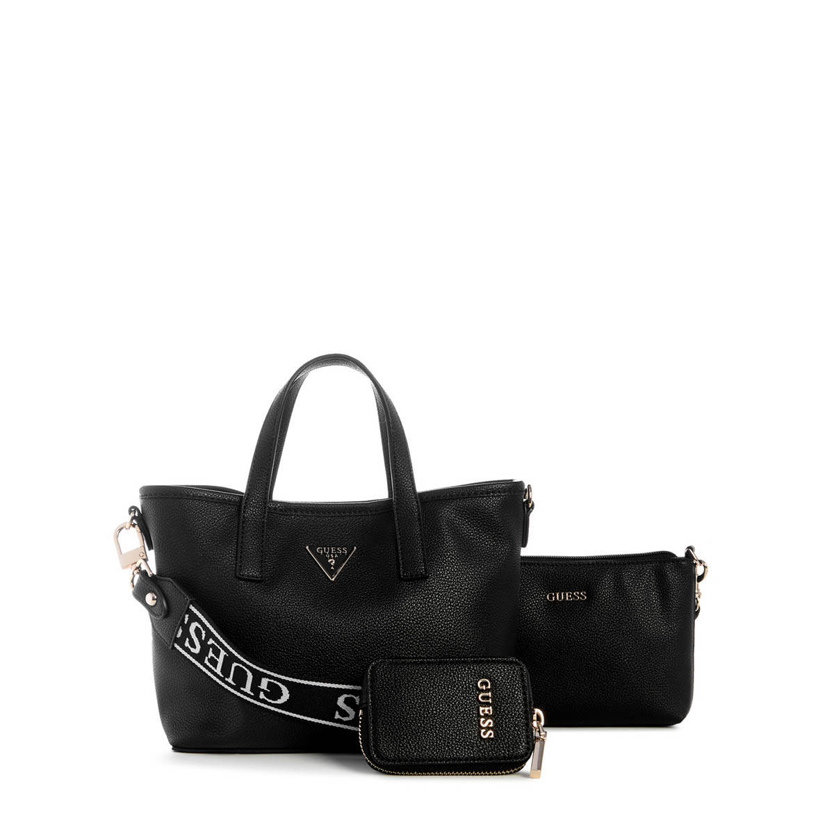 Guess Black Solid Latona Mini Handbag and Pouch with Detachable Straps and Card Case (Set of 3)