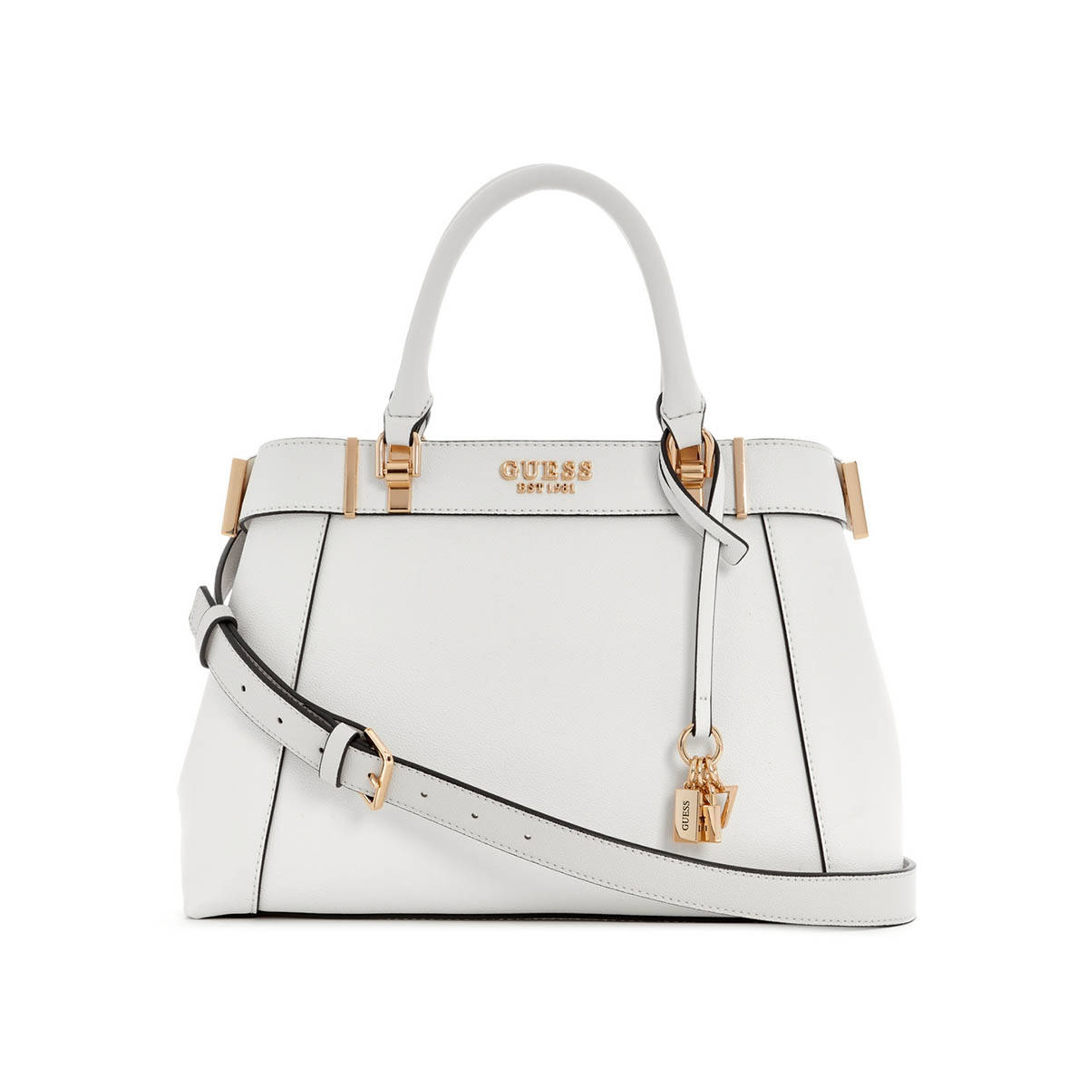 Guess White Solid Anadela 3 Comp Handbag with Detachable Strap