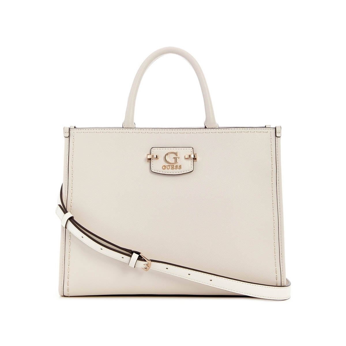 Guess Off White Solid Nastra Tote Bag with Detachable Strap