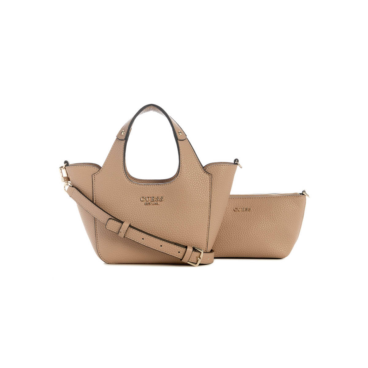 Guess Beige Textured Helina Mini Handbag and Pouch with Detachable Strap (Set of 2)