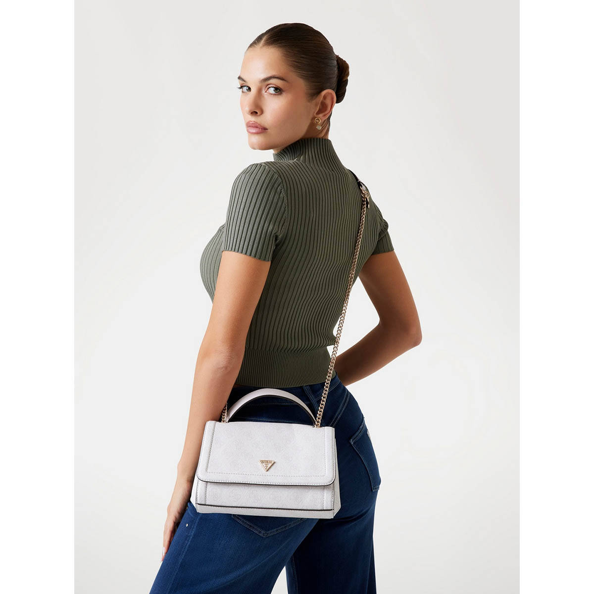 Guess White Logo Printed Noelle Convertible Flap Crossbody Bag