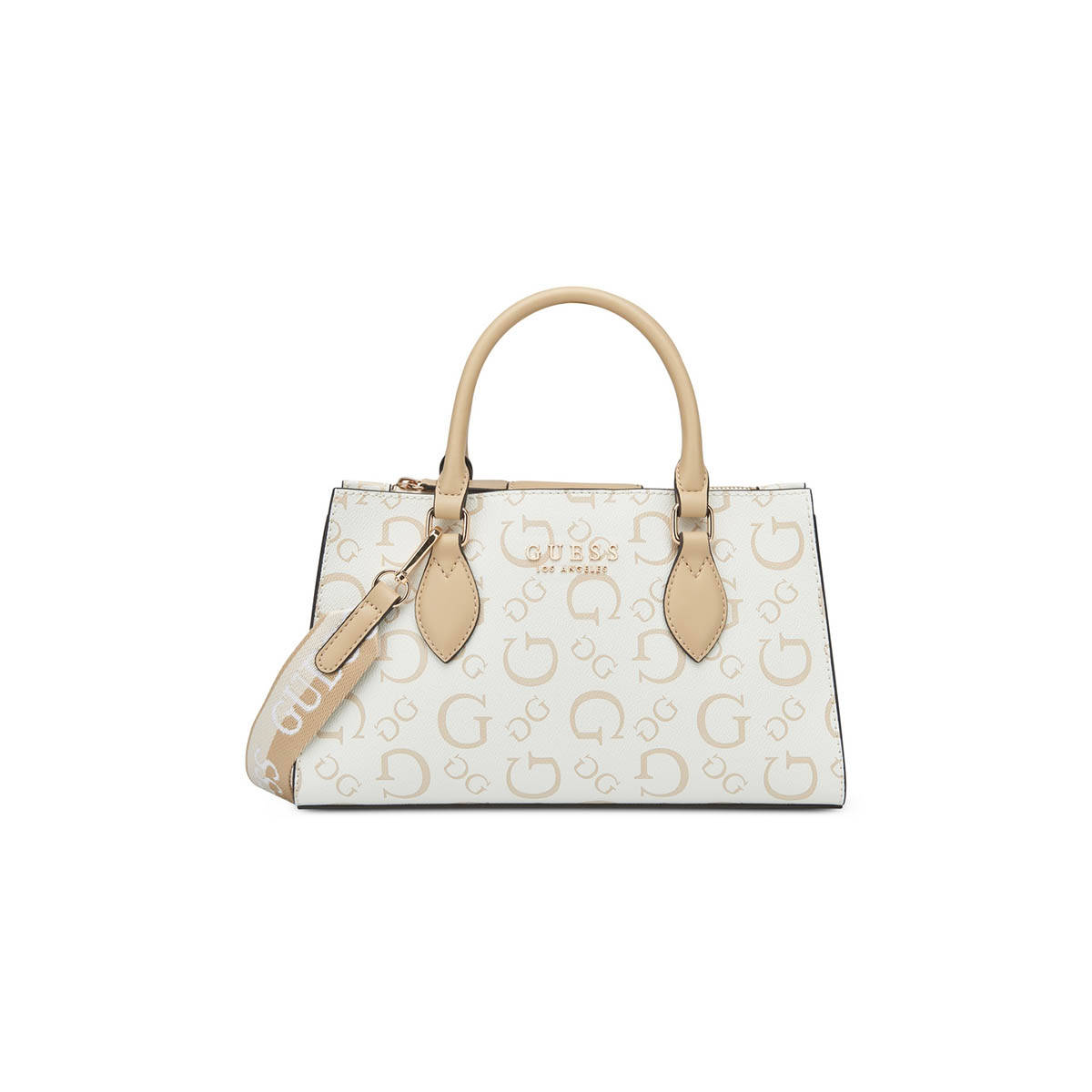 Guess White Printed Nichole Satchel Bag with Detachable Strap