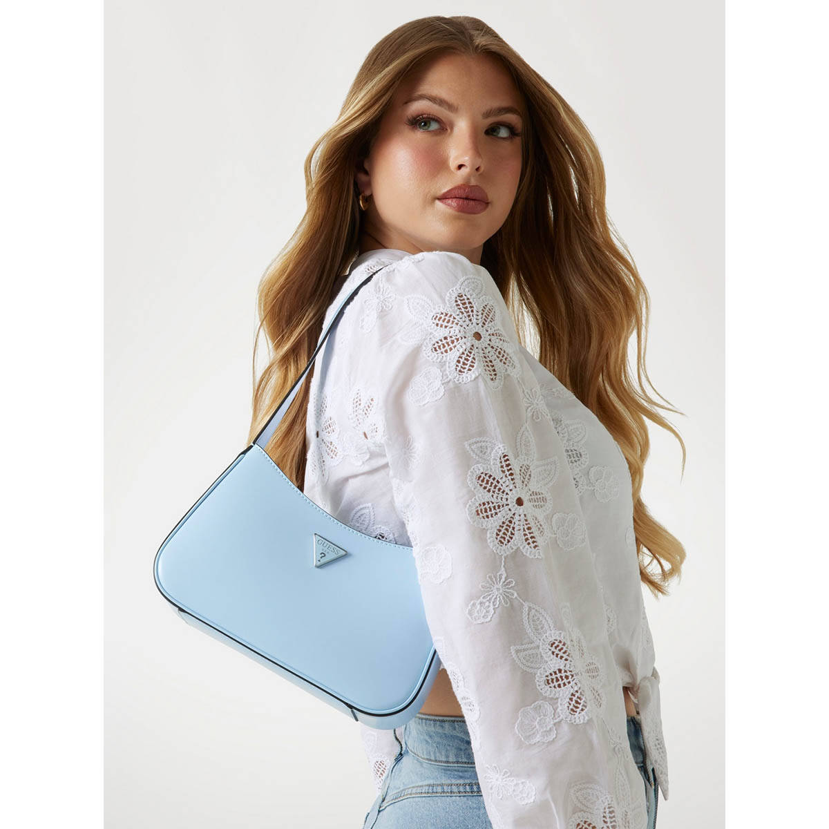 Guess Sky Blue Solid Arnela Top Zip Shoulder Bag
