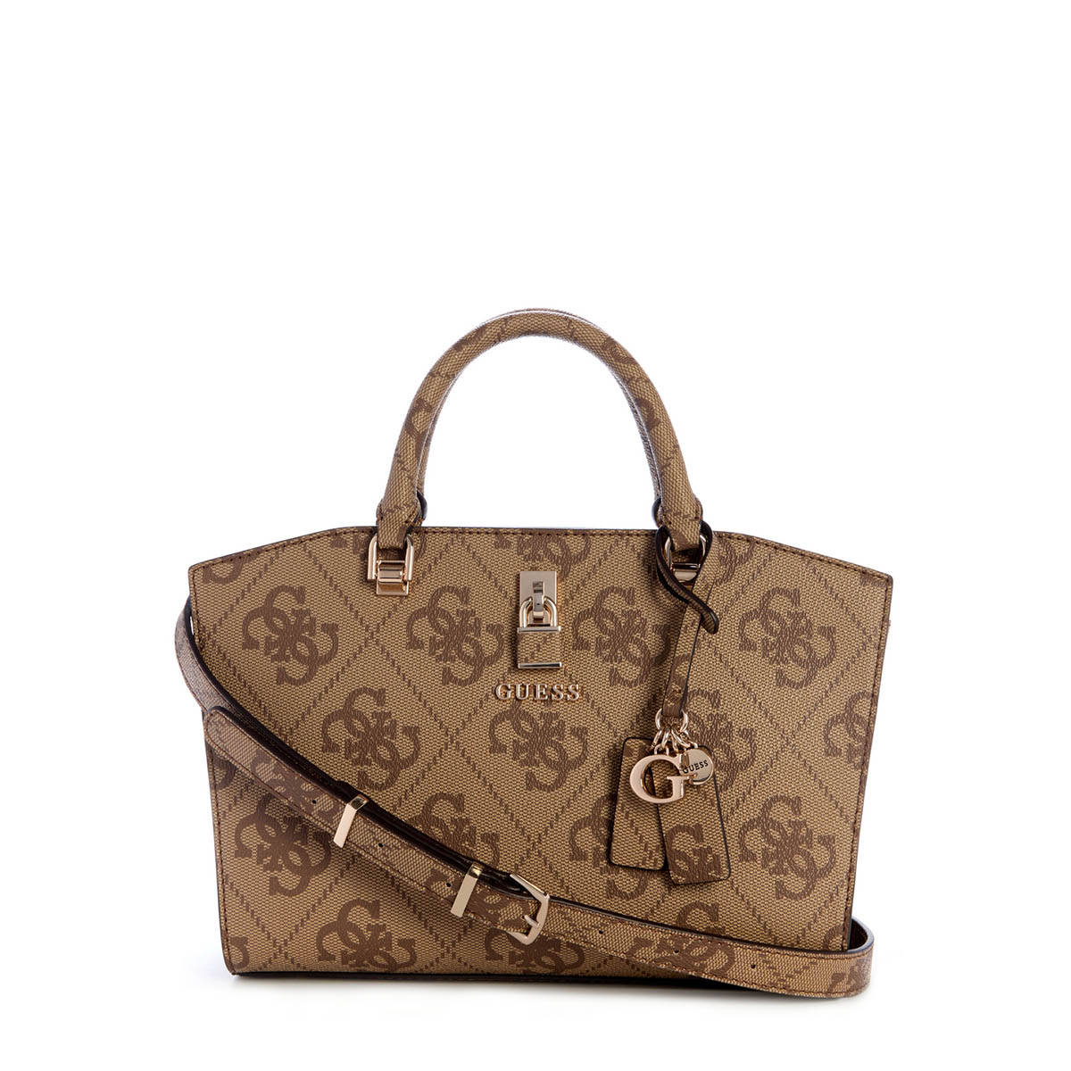 Guess Latte Logo Printed Queensland Luxury Satchel Bag with Detachable Strap