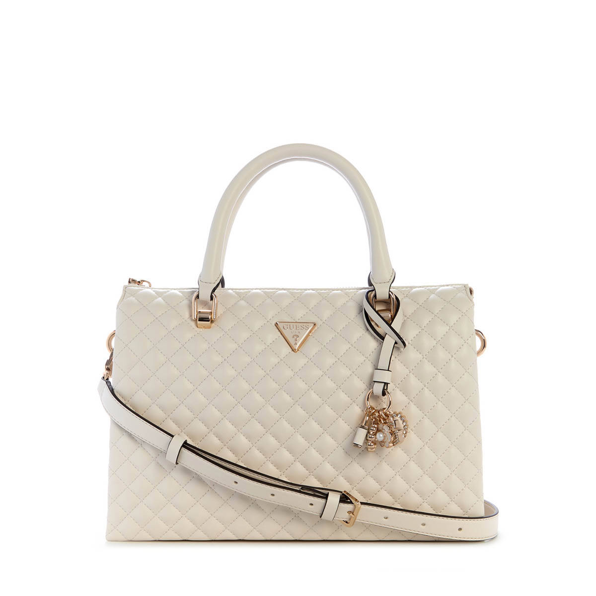 Guess Off White Solid Everlee Girlfriend Satchel Bag with Detachable Strap