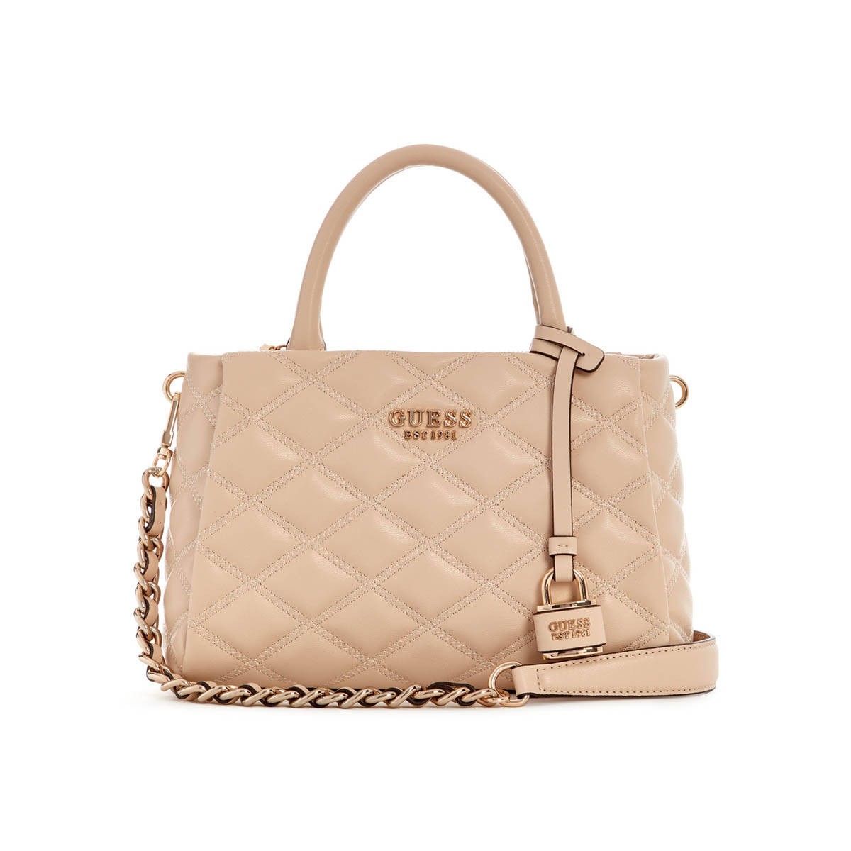 Guess Light Beige Solid Tamsin Satchel Bag with Detachable Strap (S)