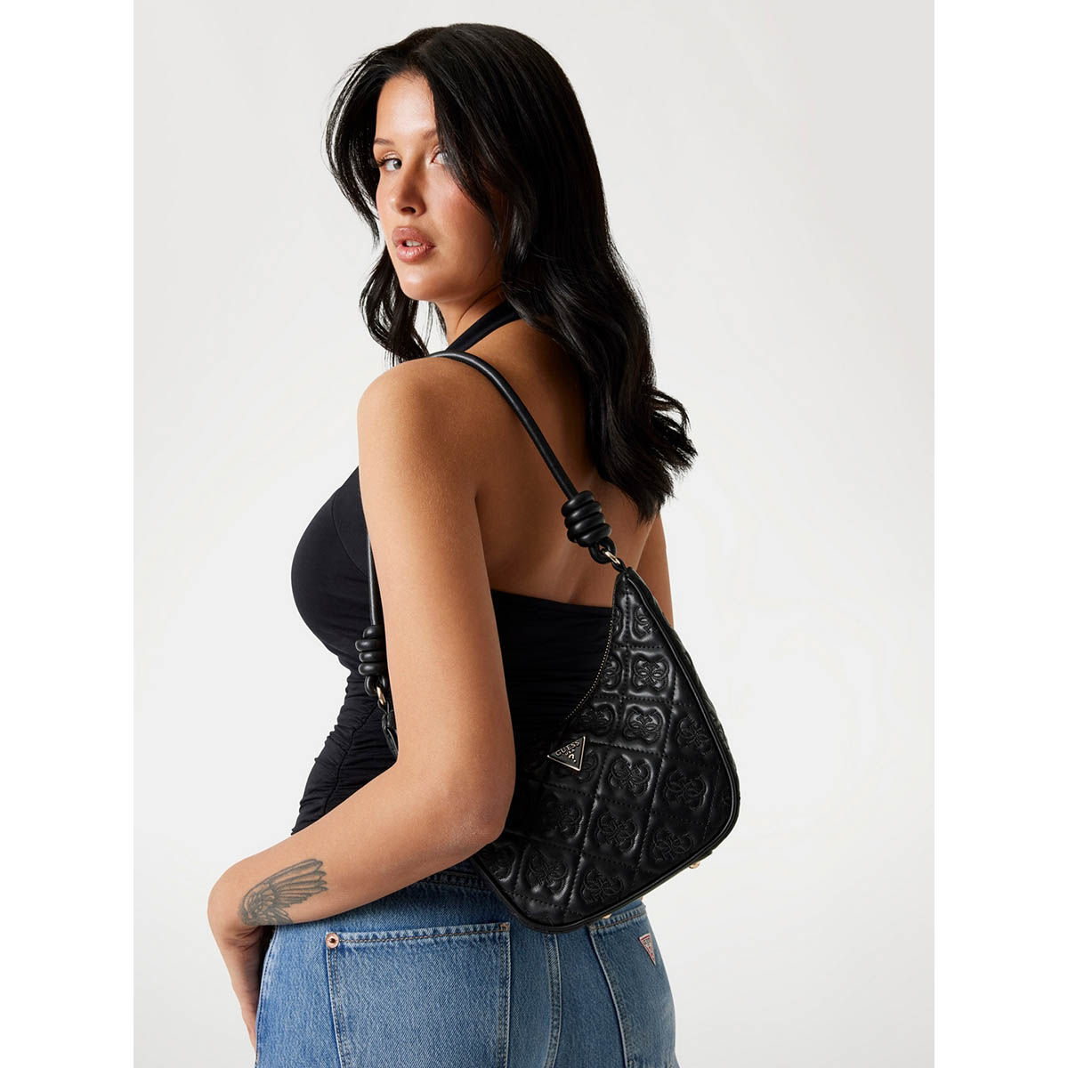 Buy Guess Black Textured Adelasia Top Zip Shoulder Bag Online