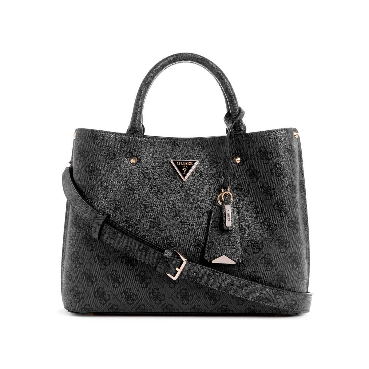 Guess Charcoal Logo Printed Meridian Girlfriend Satchel Bag with Detachable Strap