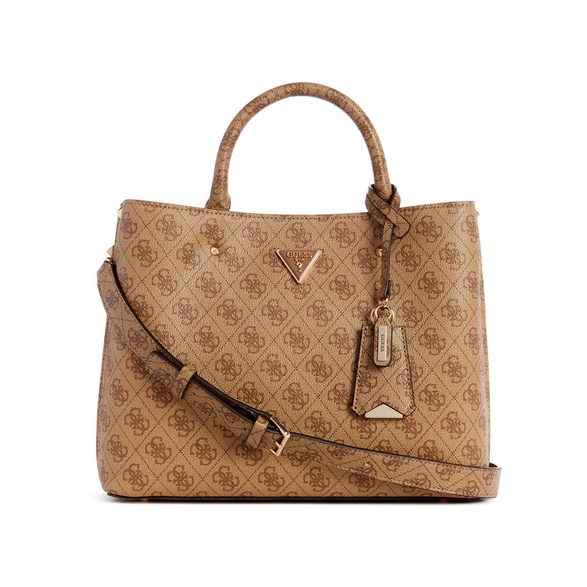 Guess Latte Logo Printed Meridian Girlfriend Satchel Bag with Detachable Strap