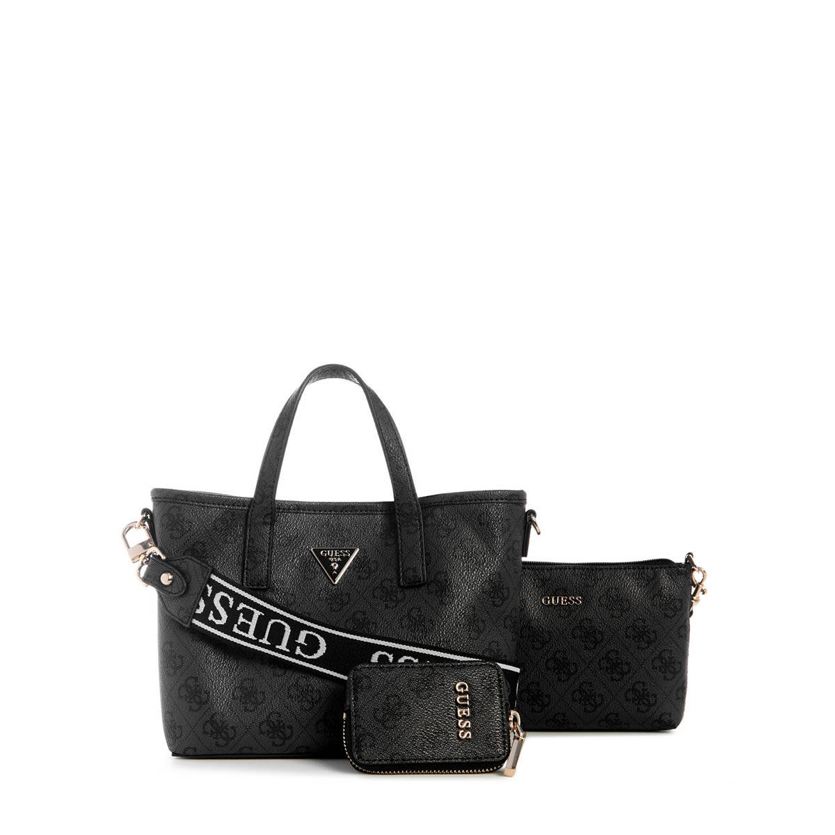 Guess Coal Printed Latona Mini Handbag and Pouch, Wallet with Detachable Strap (Set of 3)