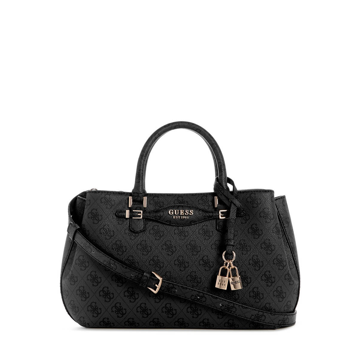 Guess Charcoal Logo Printed Katya Girlfriend Satchel Bag with Detachable Strap