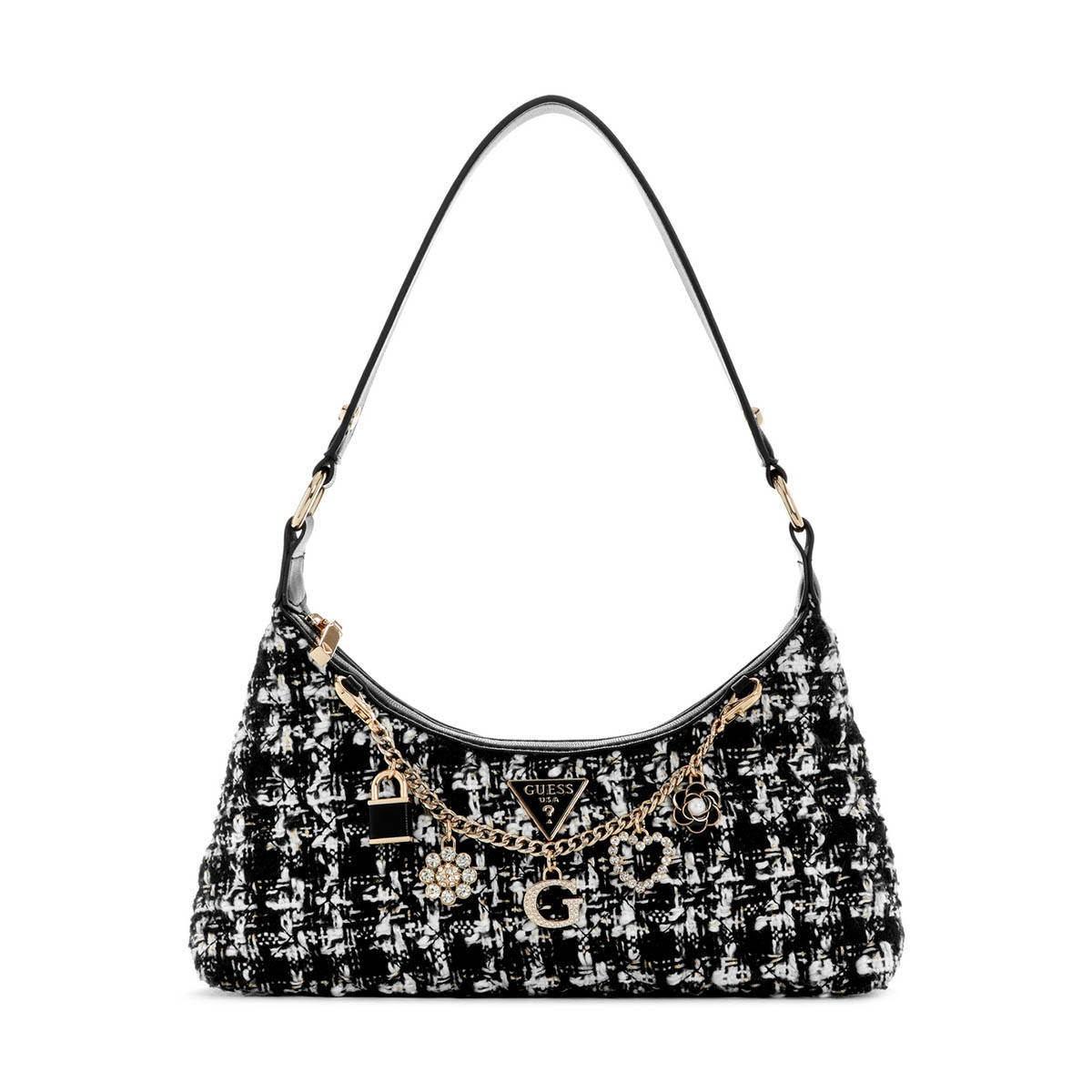 Guess Black Multi Tweed Check Everlee Top Zip Shoulder Bag