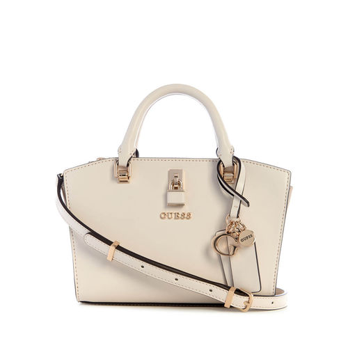 Guess Off White Solid Queensland Mini Satchel Bag with Detachable Strap