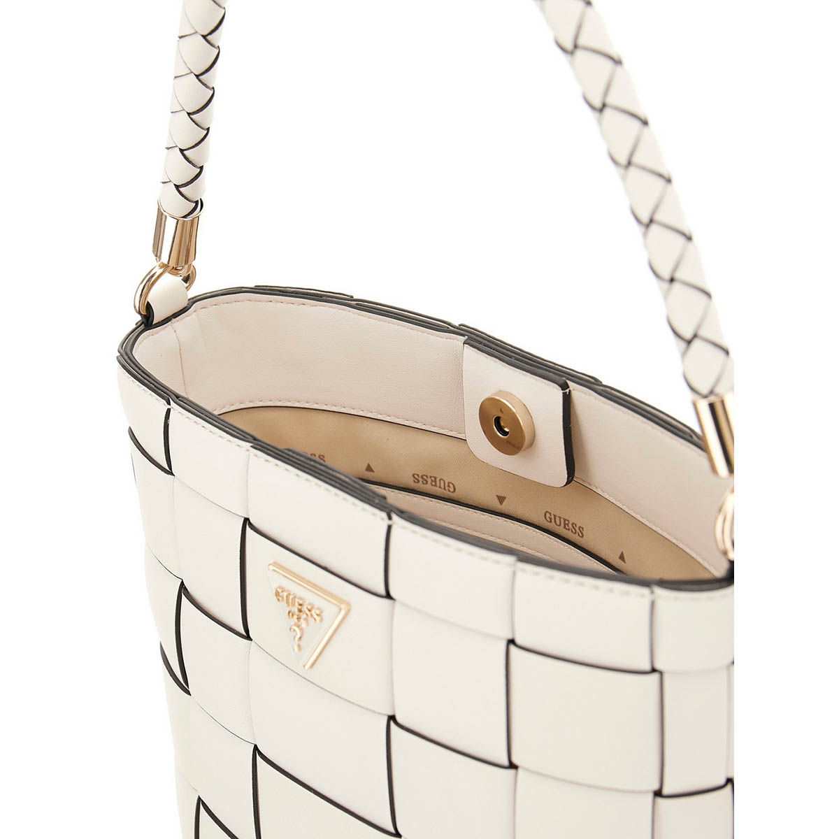 Buy Guess Off White Solid Maylee Bucket Bag with Detachable