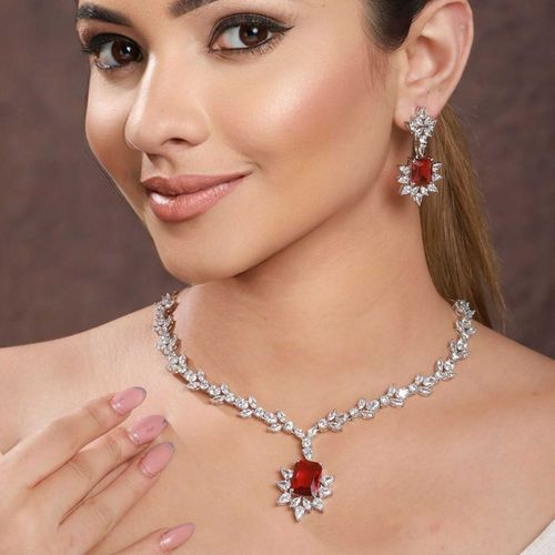 Saraf RS Jewellery Silver Plated Red Ruby Zircon Floral Statement Necklace  Jewellery Set (Onesize)