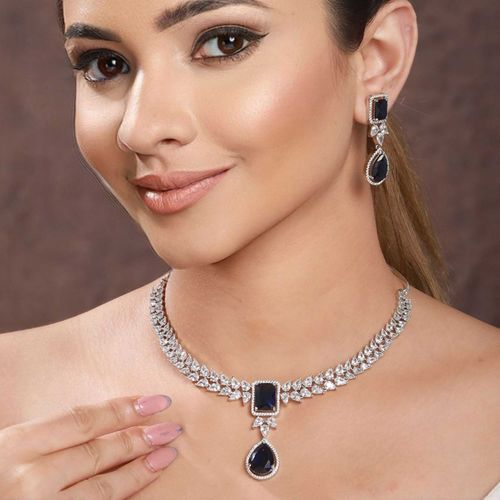 Saraf RS Jewellery Silver Plated Blue Zircon Minimal Necklace Jewellery Set - Main Image