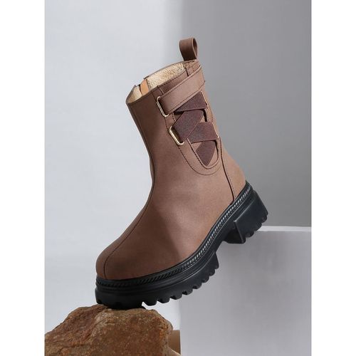 VALIOSAA Brown Casual Round Toe Block Heeled Boots (EURO 35)