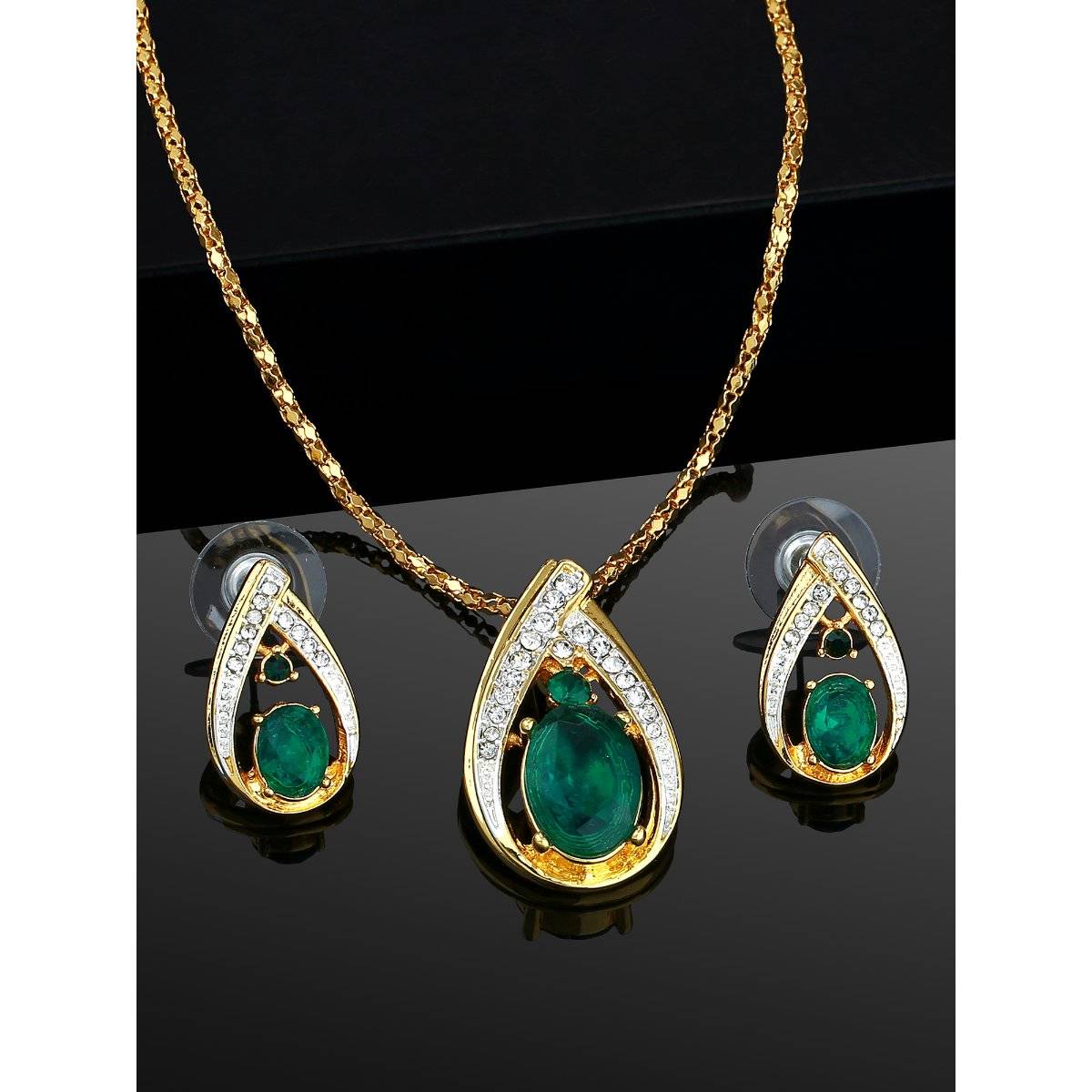 Estele Gold & Rhodium Plated Drop Shaped Pendant Jewellery Set With Green Stones For Women