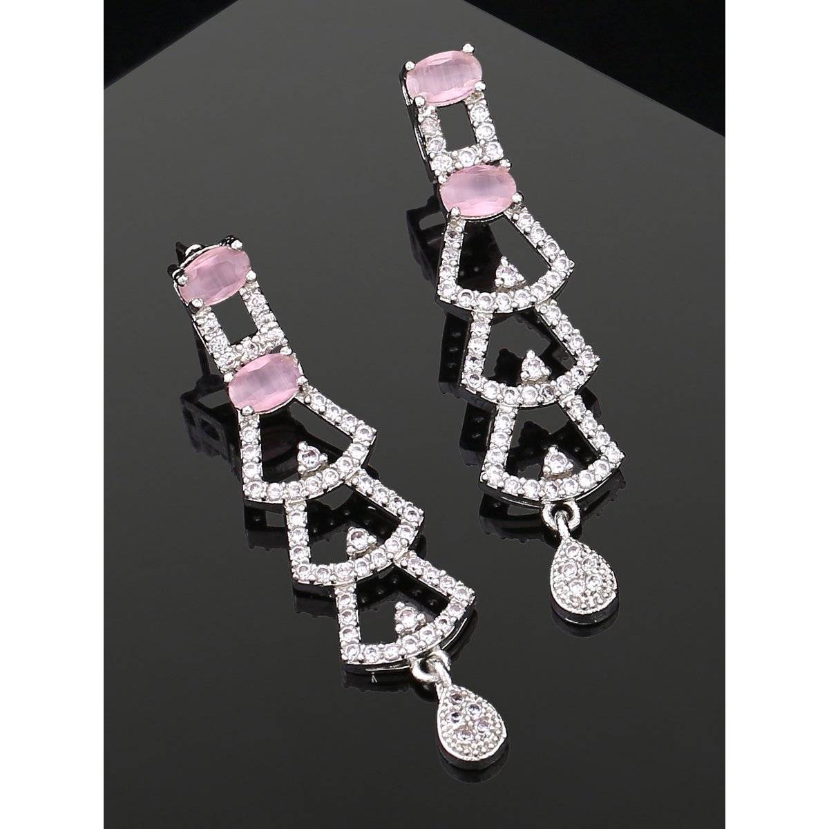 Estele Rhodium Plated Cz Ravishing Drop Earrings With Mint Pink & White Stones For Women