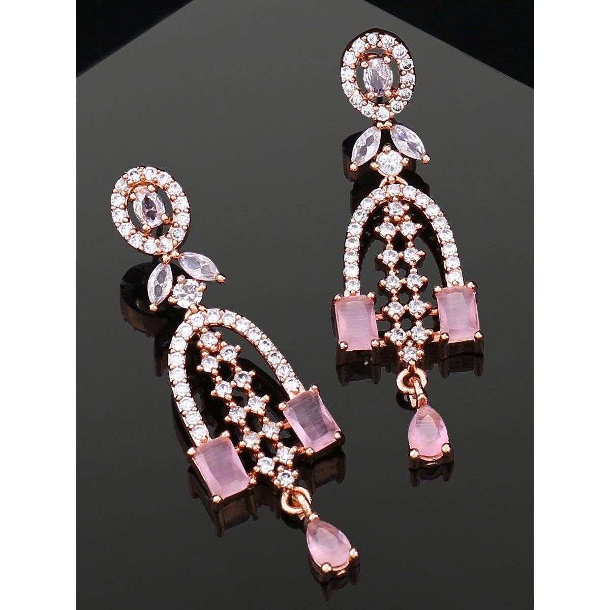 Estele Rose Gold Plated Cz Falling Star Designer Earrings With Mint Pink Stones For Women