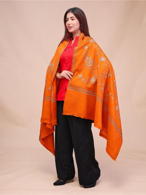 Buy SWI STYLISH Womens Orange Hand Embroidered Pure Wool Shawl Online