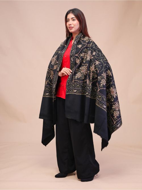 Buy SWI STYLISH Womens Black Hand Embroidered Pure Wool Shawl Online