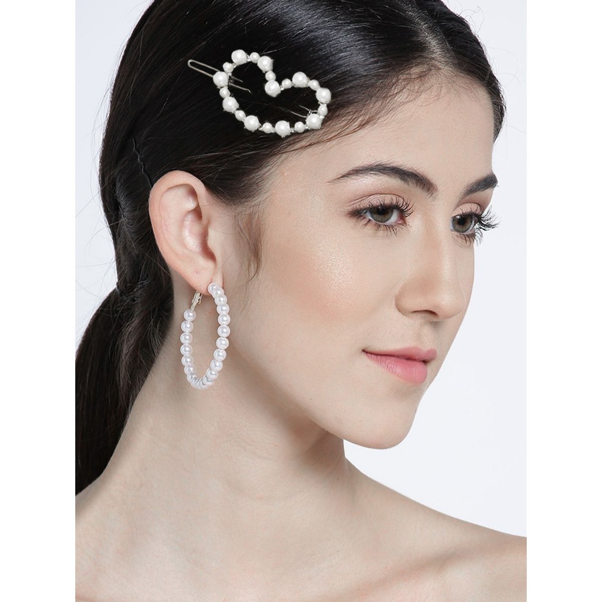 OOMPH Combo of White Pearls Heart Shape Hoop Earrings and HairClip-HairPin