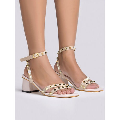 Shoetopia Gold-Toned Rock Studs Strappy Cream Block Heels (EURO 41)