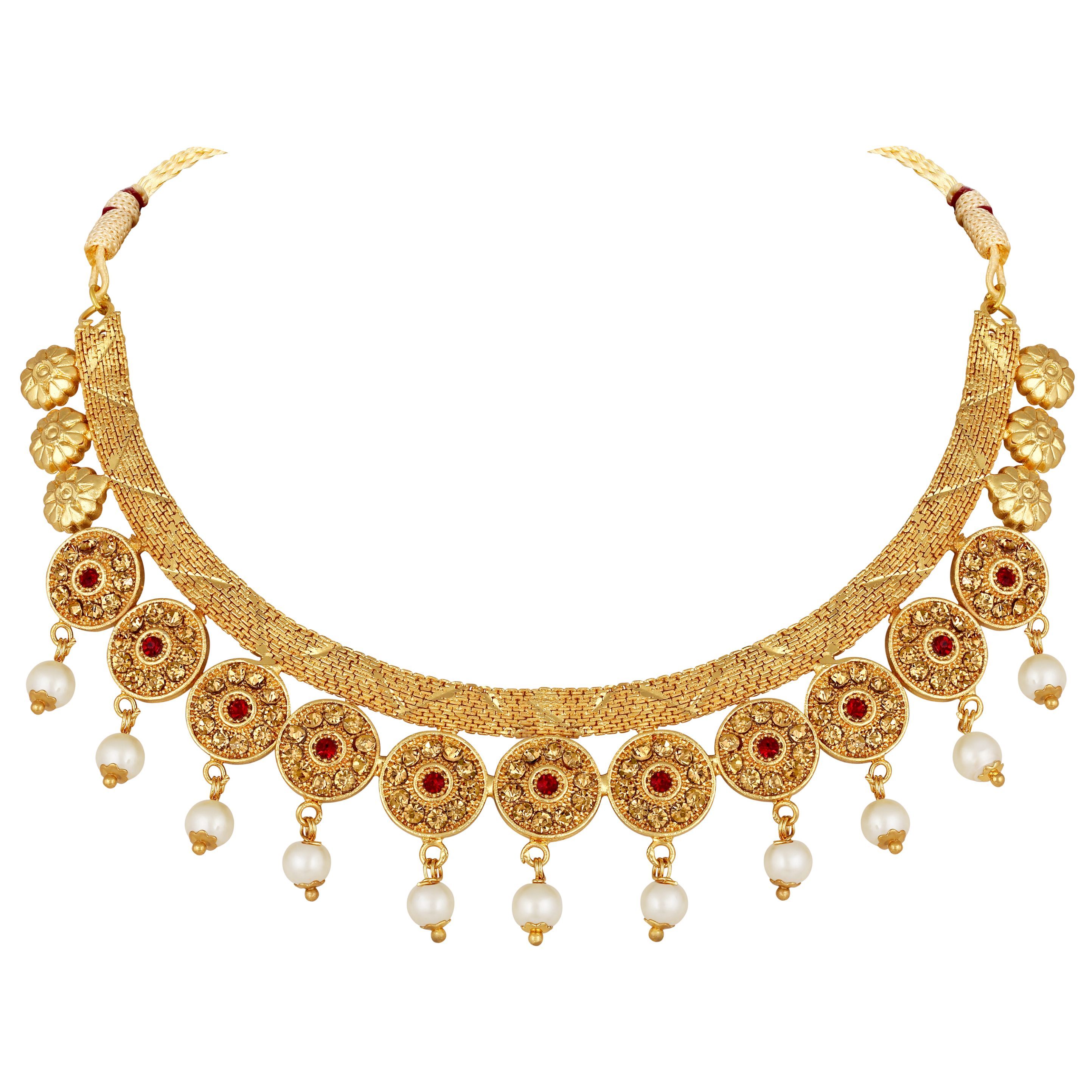 Asmitta Traditional Gold Plated Choker Necklace Set With Pearl Drops