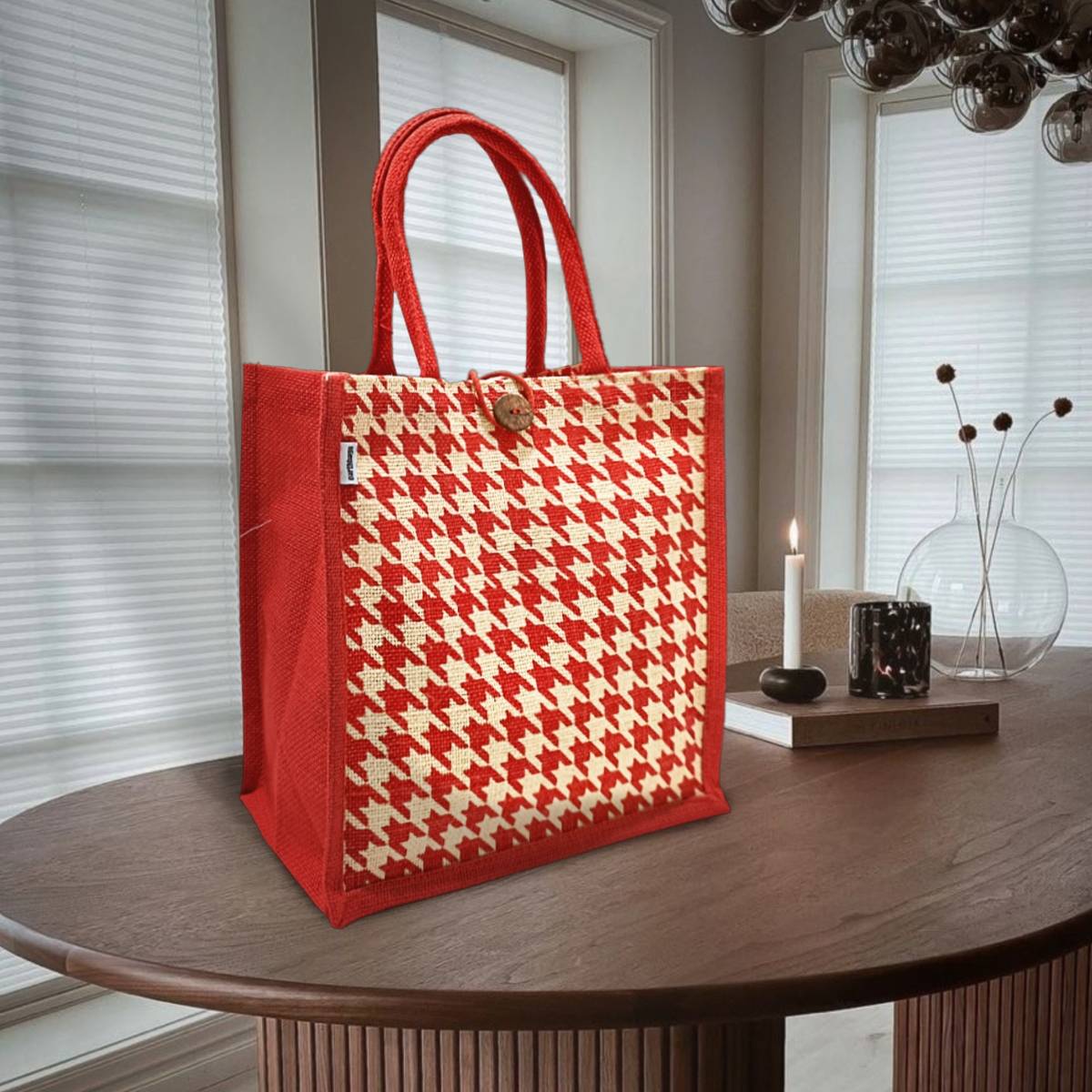 Earth Bags RED & NATURAL HOUNDSTOOTH PRINTED LUNCH BAGS WITH LOOP CLOSURE.