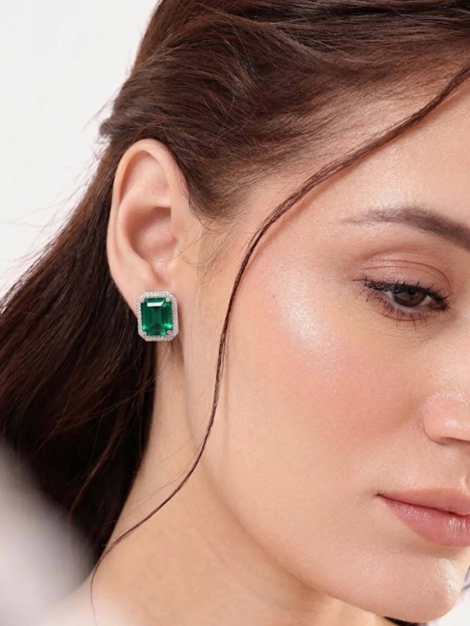 Nuyug Green Brass Rhodium Plated Pair Of Earrings