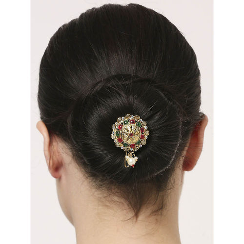 OOMPH Red-Maroon and Green Stones Ethnic Hair Bun Pin Juda Pin Floral  Design