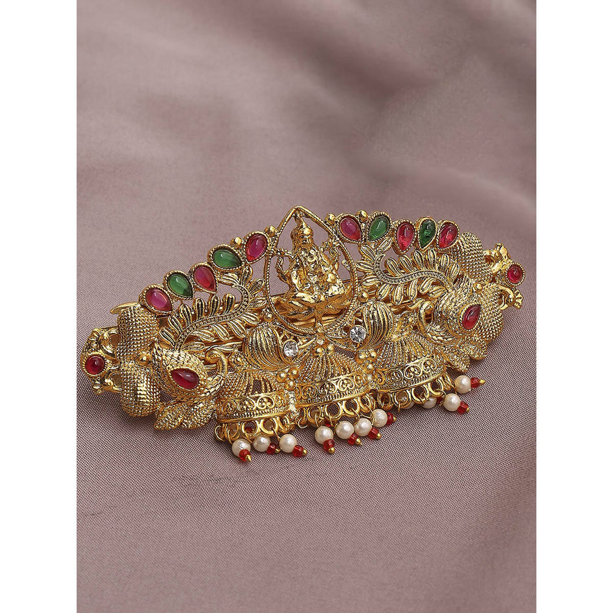 OOMPH Multi-Color Ethnic Gold Hair Clip - Temple Laxmi Design With Jhumki Drop