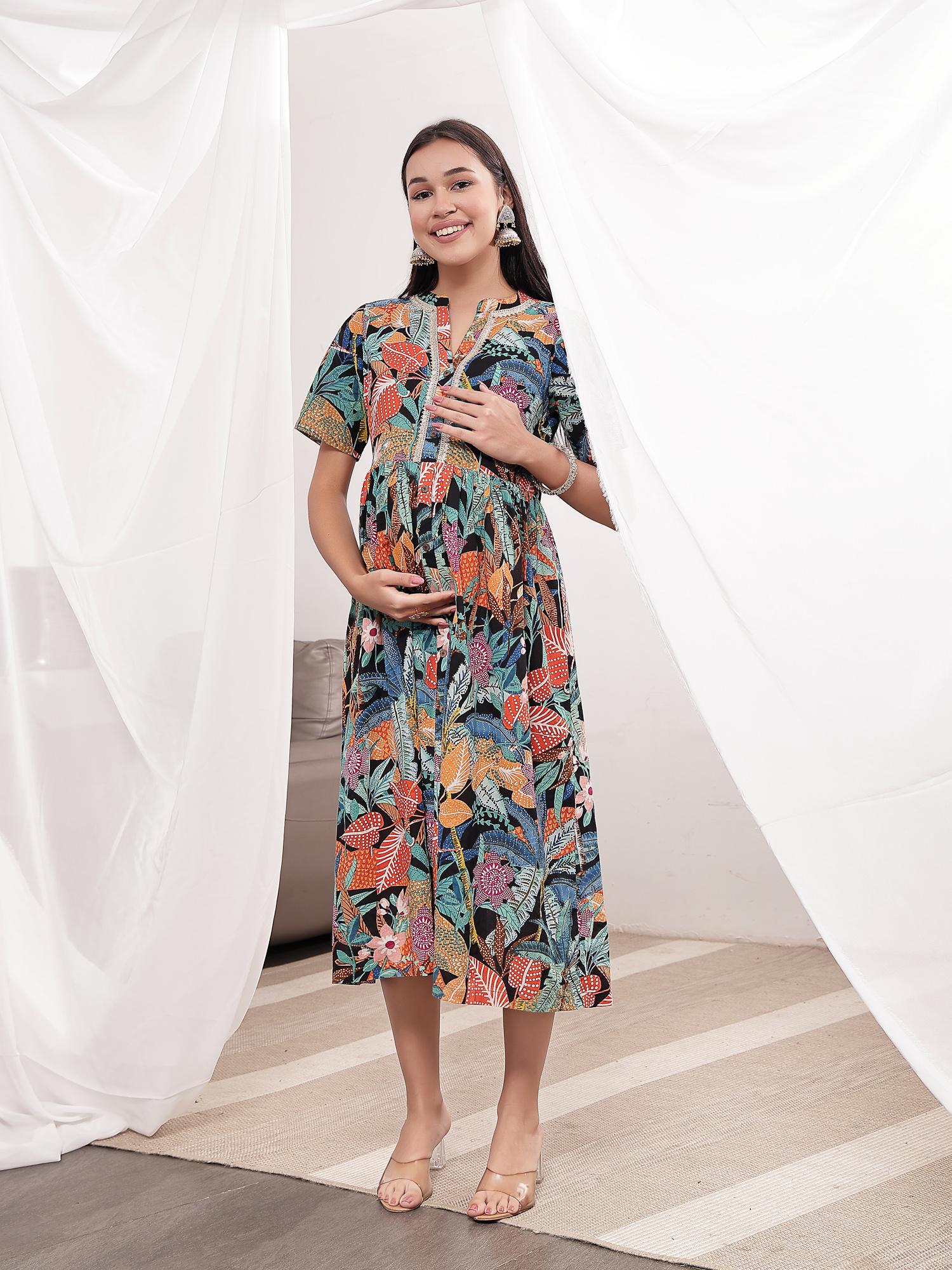 Buy Zelena Multi-Color Cotton Zipless Maternity and Nursing Dress