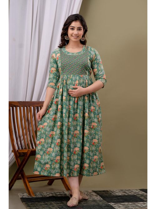 she is olla green dress Matcha Knit 3D Flowers Off Shoulder Elegant Maternity Maxi Dress Green / 3XL main image 1