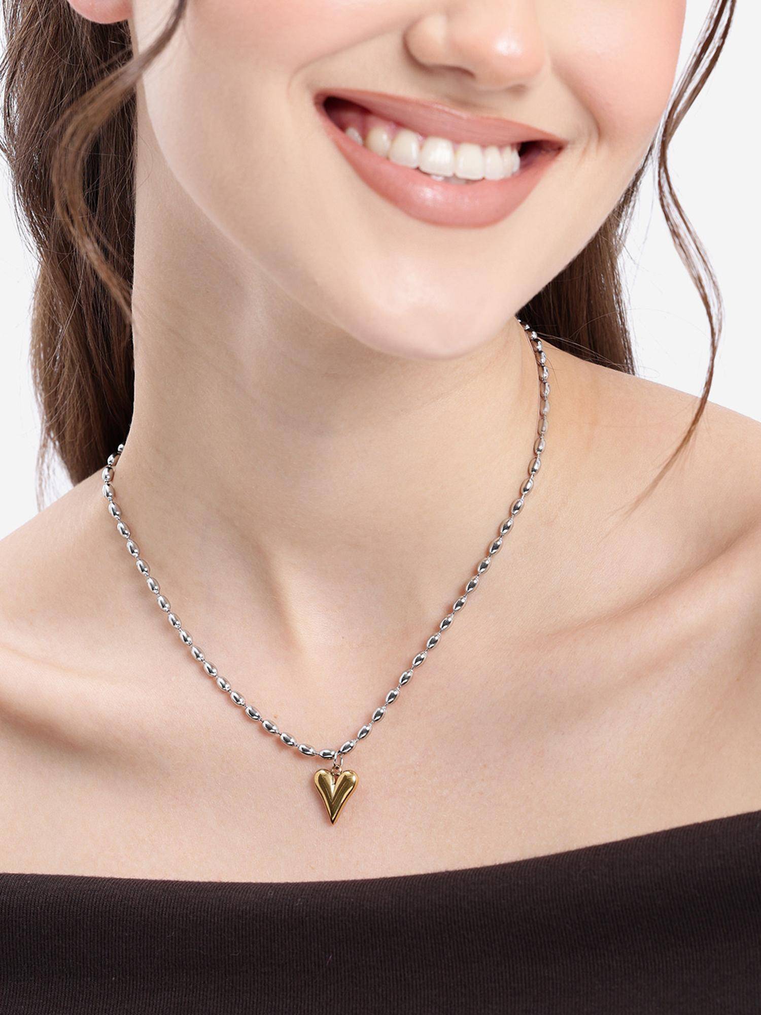 Carlton London Dual Toned Plated Puff Heart Pendant With Fancy Chain