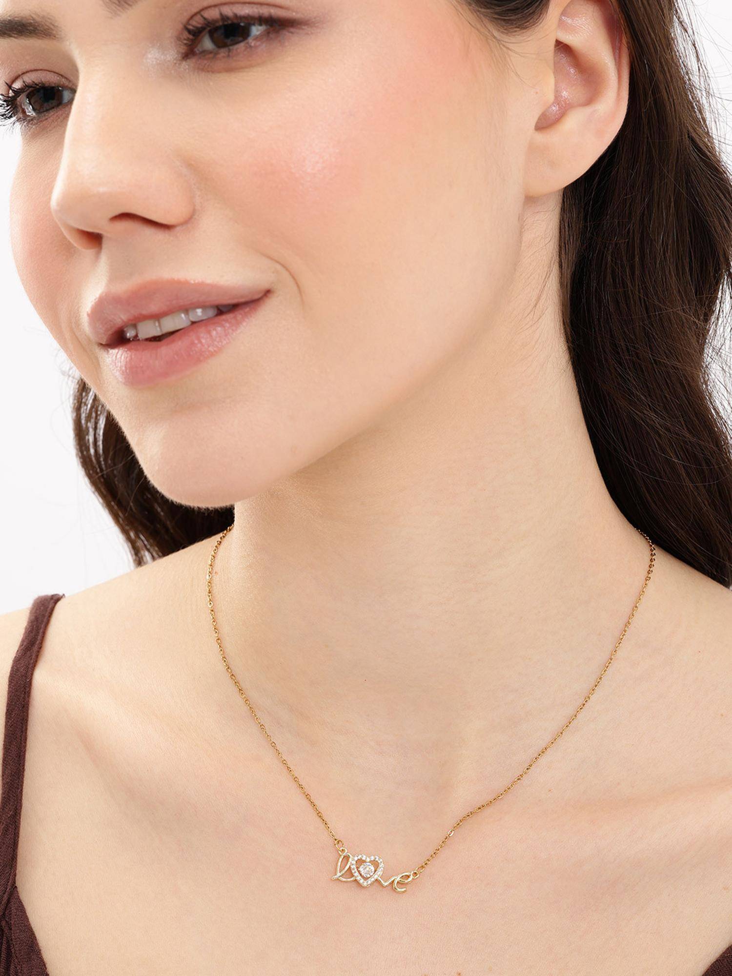 Carlton London Gold Plated Cz Sparkle Solitaire Love Heart Script Necklace