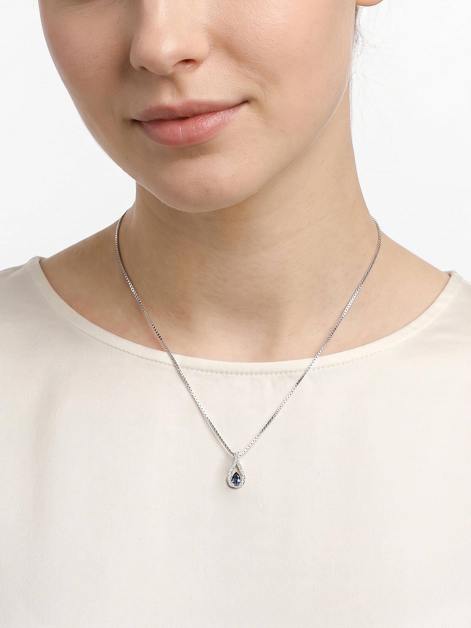 Carlton London 925 Sterling Silver Rhodium Plated Sapphire Blue Studded Teardrop Pendant And Chain