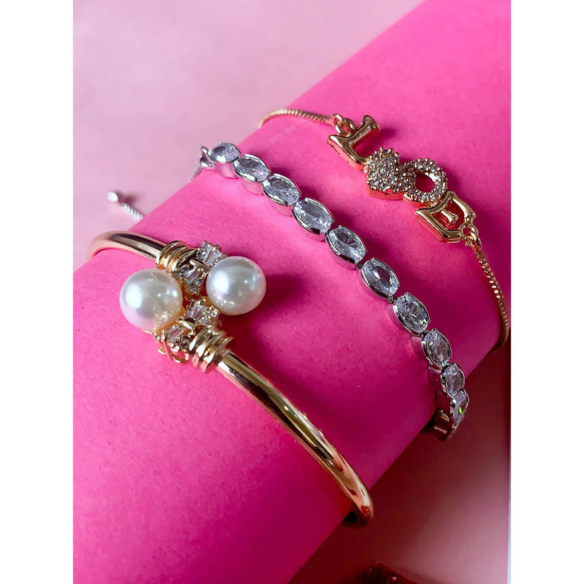 I Jewels Valentine Special Silver/Rose Gold Plated Adjustable Combo Bracelets