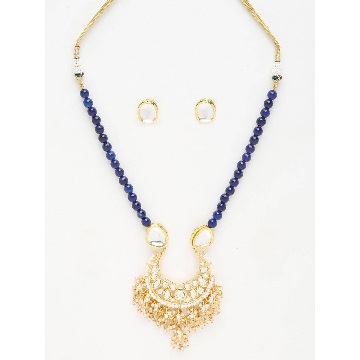 RUBY RAANG STUDIO Gold-Toned White Kundan Blue Beaded Handcrafted Meenakari Jewellery Set