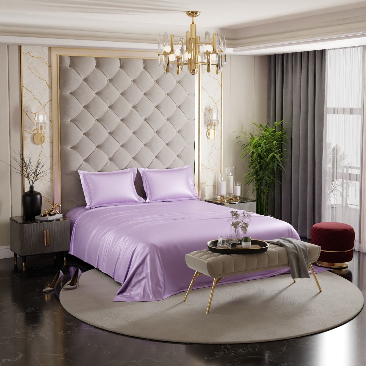 Stoa Paris Lavender Queen Flat Satin Bedsheet with 2 Pillow Covers