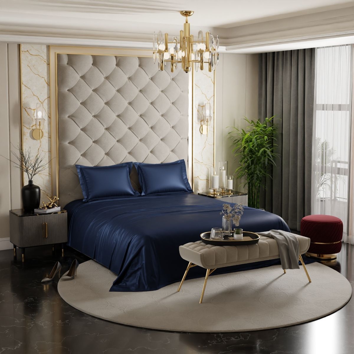 Stoa Paris Navy Blue Queen Satin Bedsheet with 2 Pillow Covers