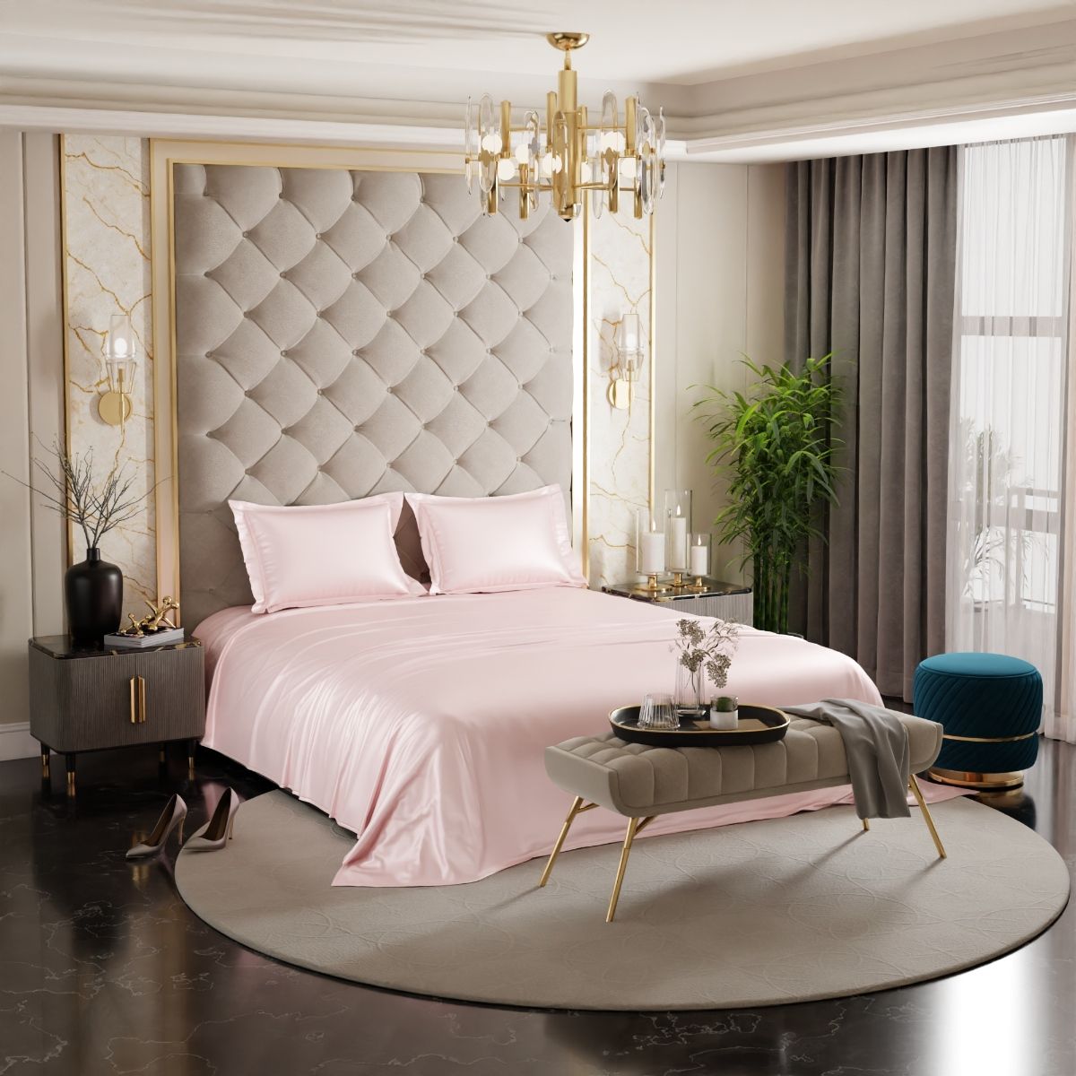 Stoa Paris Pink Satin Double Bedsheet with 2 Pillow Covers