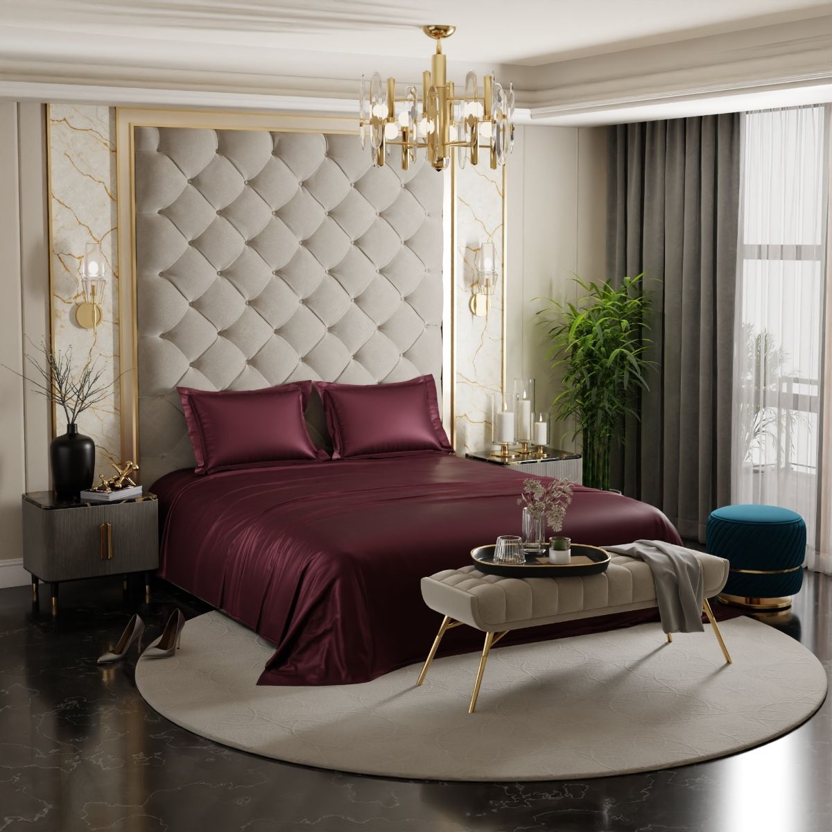 Stoa Paris Burgundy King Satin Bedsheet with 2 Pillow Covers