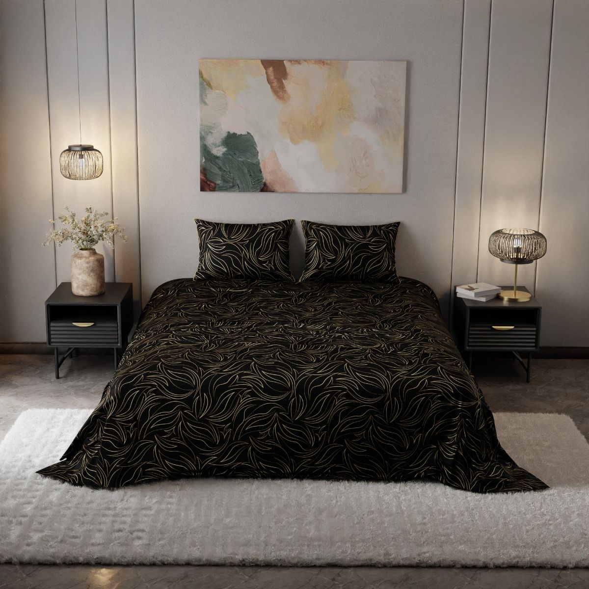 Stoa Paris Midnight Opera Printed Satin King Bedsheet with 2 Pillow Covers