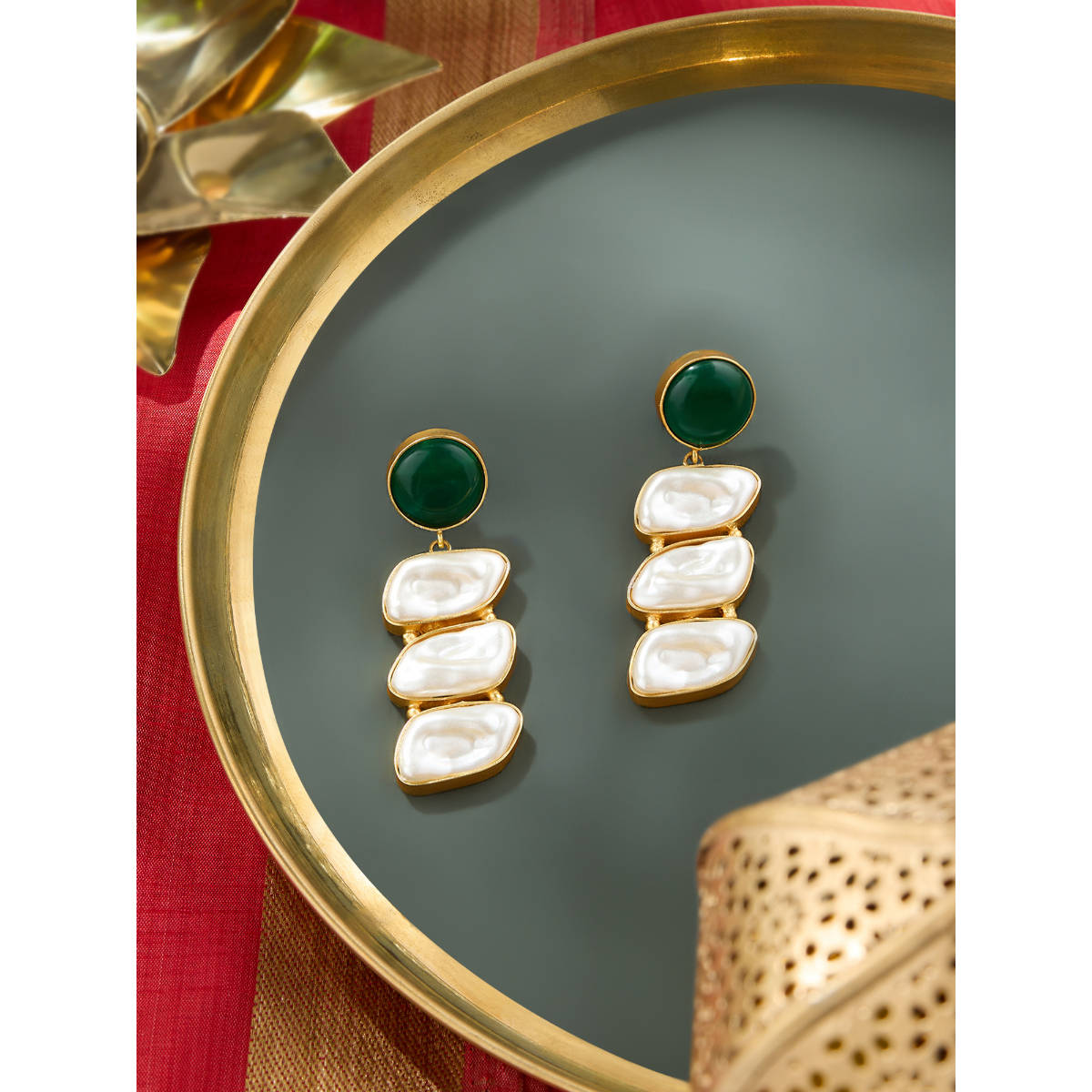 Zaveri Pearls Green Stones and Pearls Embellished Statement Drop Earring-ZPFK18969