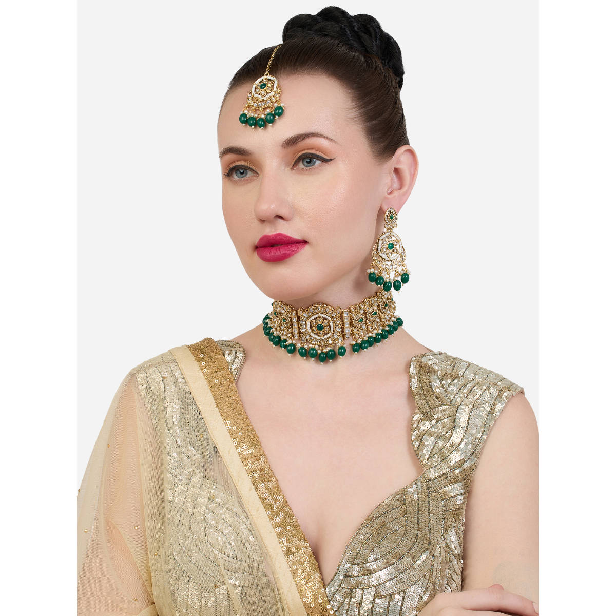 Zaveri Pearls Green Beads Kundan Choker Necklace Earring and Maangtikka Set-ZPFK19154