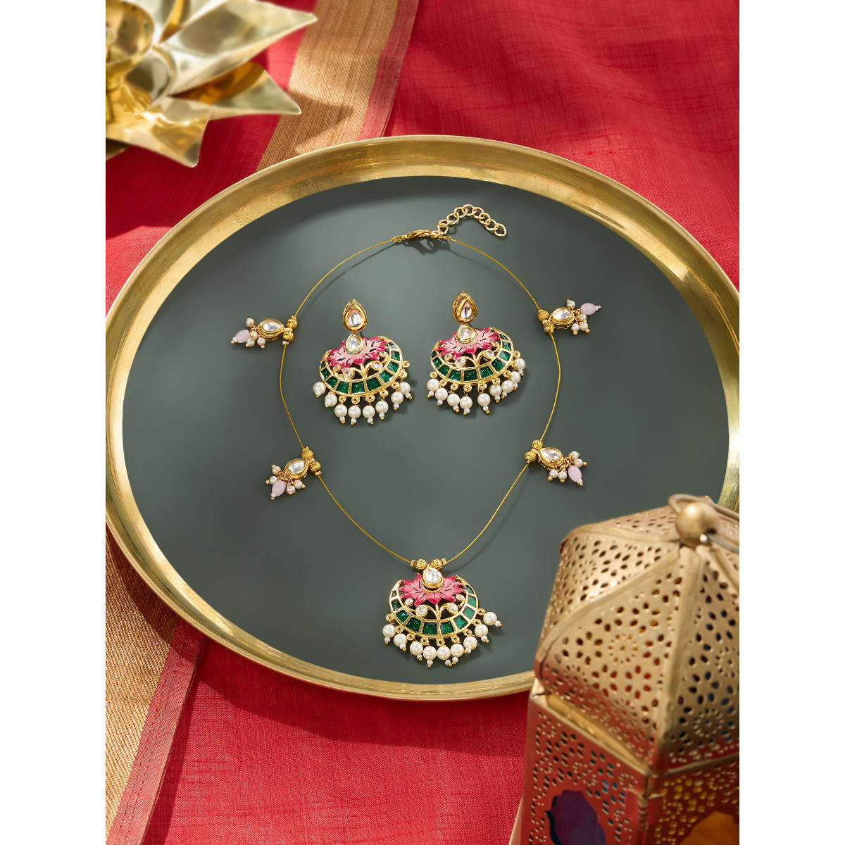 Zaveri Pearls Green Pink Meenakari Lotus Kundan Necklace and Earring Set-ZPFK19169